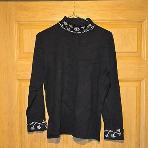 Anne Klein Black Turtleneck Sweater with Embellished Neck & Cuffs